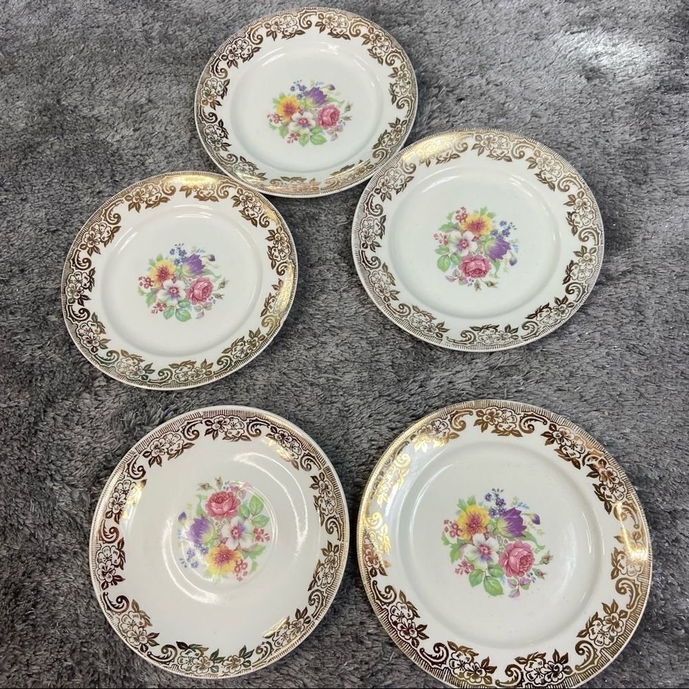 Stetson five 22k gold floral saucer plates